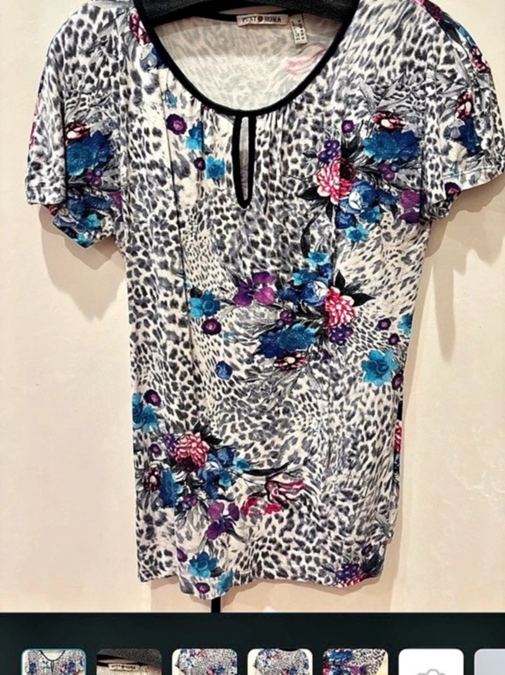 Punt Roma Animal Print Floral Blouse in Gray & Blue Size Medium